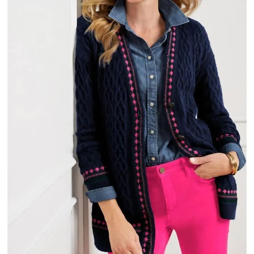 Talbots Sweater Womens XS Blue Fair Isle Trim Cable Knit Cardigan Soft Cozy